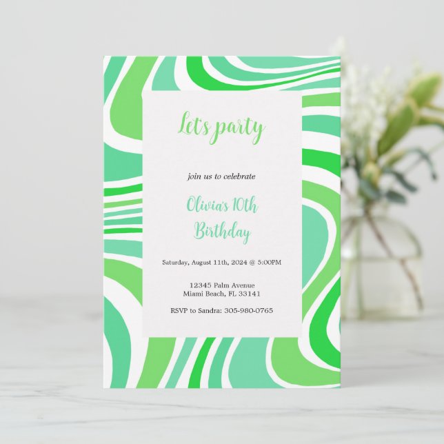 invitation groovy verte et turquoise (Debout devant)