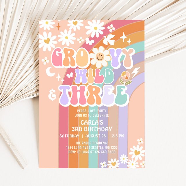 Invitation Groovy Wild et Trois Hippie Rétro 3e Anniversaire (Créateur téléchargé)