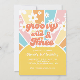 Invitation Groovy Wild Trois Rétro Soleil Arc-en-ciel Marguer
