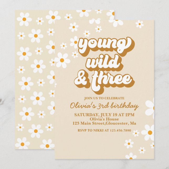 Invitation Groovy Young Wild Trois Retro Daisy 3ème Anniversa (Devant / Derrière)