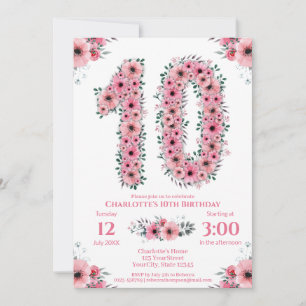 Invitation Gros 10e anniversaire Fille du feuillage vert Fleu