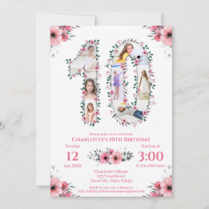Invitation Gros 10e anniversaire fille photo Collage Fleur ro