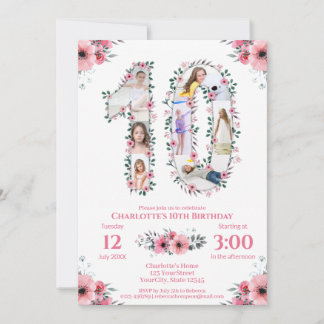 Invitation Gros 10e anniversaire fille photo Collage Fleur ro
