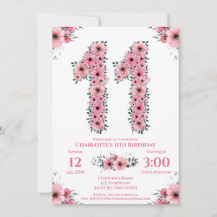 Invitation Gros 11e anniversaire Fille du feuillage vert Fleu