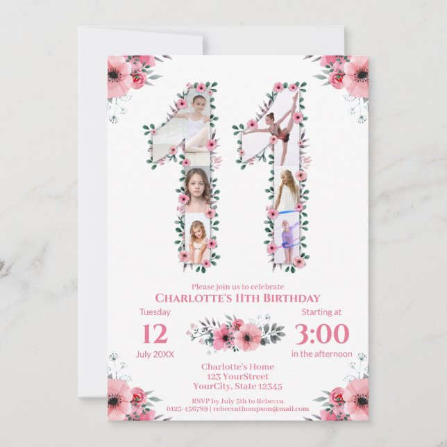 Invitation Gros 11e anniversaire fille photo Collage Fleur ro (Devant)
