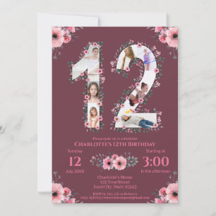 Invitation Gros 12e anniversaire fille photo Collage Fleur ro