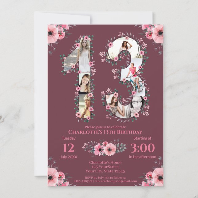 Invitation Gros 13e anniversaire fille photo Collage Fleur ro (Devant)