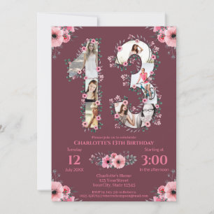 Invitation Gros 13e anniversaire fille photo Collage Fleur ro