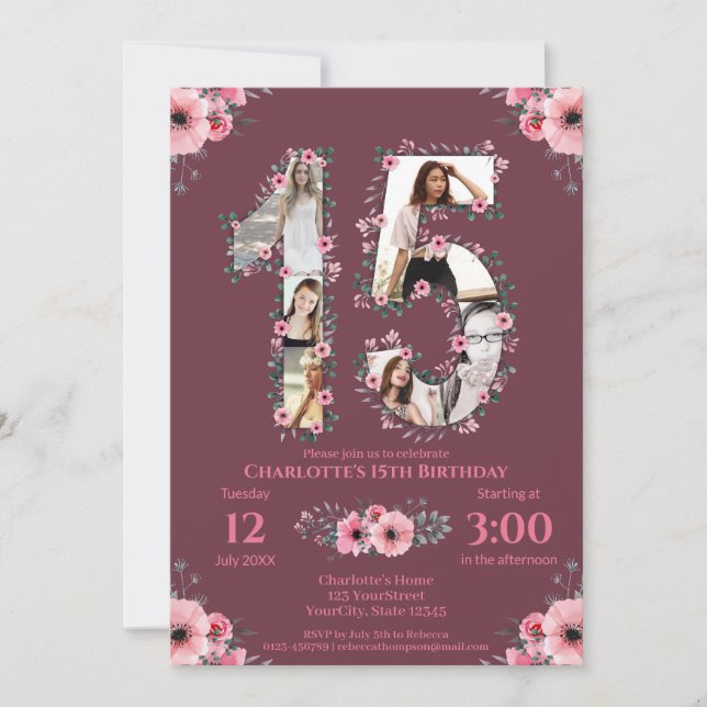Invitation Gros 15e anniversaire fille photo Collage Fleur ro (Devant)