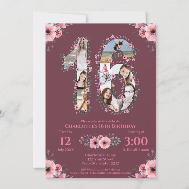 Invitation Gros 16e anniversaire fille photo Collage Fleur ro (Devant)