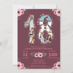 Invitation Gros 18e anniversaire fille photo Collage Fleur ro