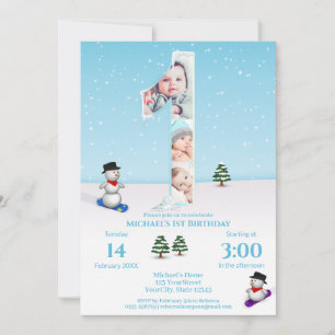 Invitation Gros 1er anniversaire hiver glace neige Collage ph