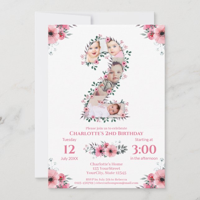 Invitation Gros 2e anniversaire fille photo Collage Fleur ros (Devant)