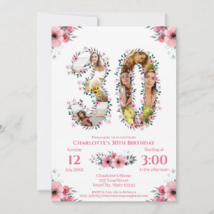 Invitation Gros 30e anniversaire Photo Collage Rose Fleur Bla