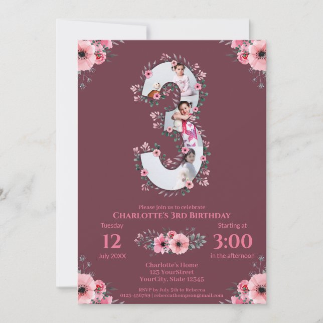 Invitation Gros 3ème anniversaire fille photo Collage rose Fl (Devant)
