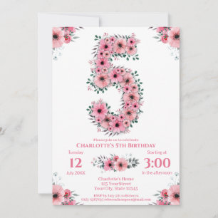Invitation Gros 5e anniversaire Volage vert Fille Fleurs rose