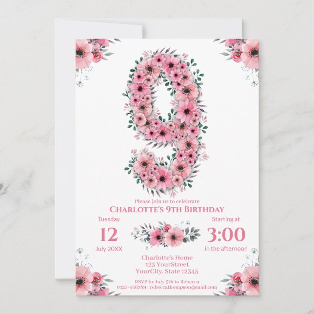 Invitation Gros 9e anniversaire Fille du feuillage vert Fleur (Devant)