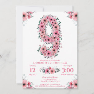 Invitation Gros 9e anniversaire Fille du feuillage vert Fleur