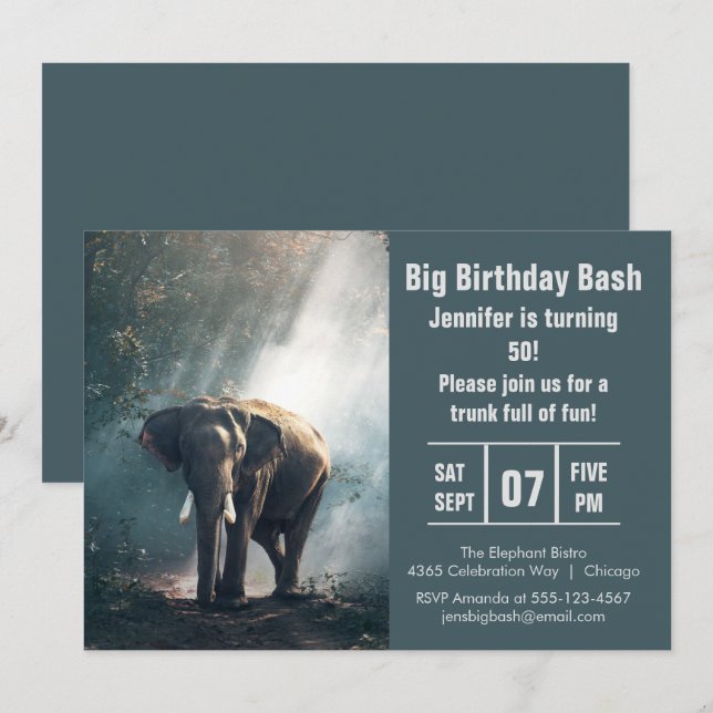 Invitation Gros anniversaire Bash Elephant Photo (Devant / Derrière)