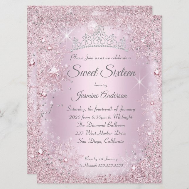 Invitation Gros Argent Rose Wonderland Sweet 16 Tiara (Devant / Derrière)