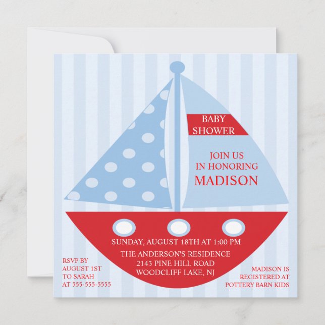 Invitation Gros Baby shower Red Blue SAILBOAT Boy (Devant)