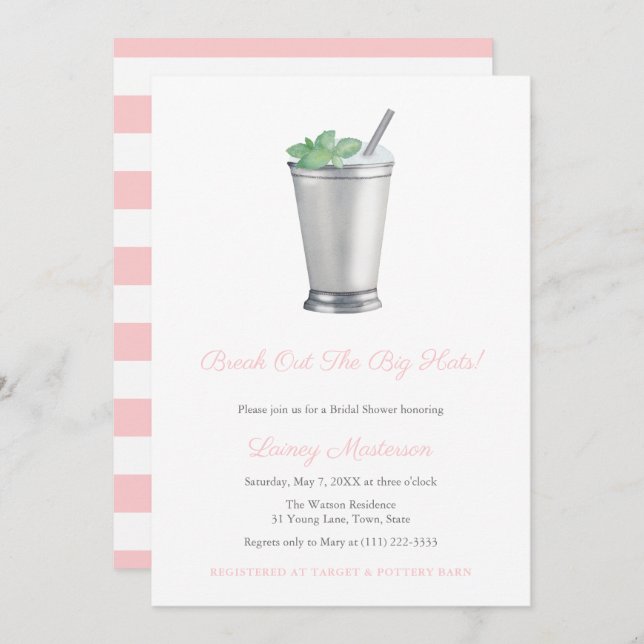 Invitation Gros Casquettes Pink White Mint Julep Derby Fête d (Devant / Derrière)