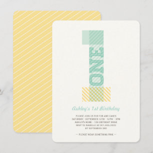 Invitation Gros Chiffre 1 Rayures Bébé Neutre 1er Anniversair