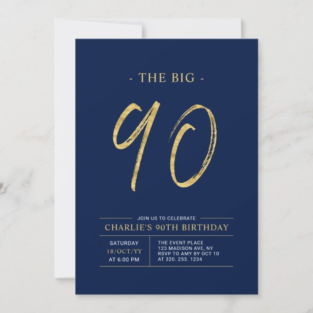 Invitation Gros Ninety | Gold & Navy Blue 90th Birthday Party (Devant)
