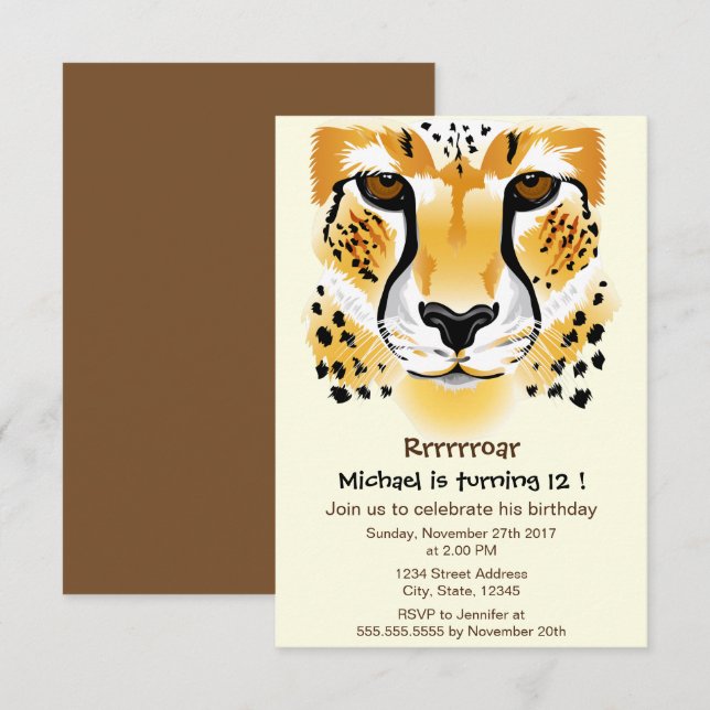 Invitation gros plan de la tête cheetah illustration fête d'a (Devant / Derrière)