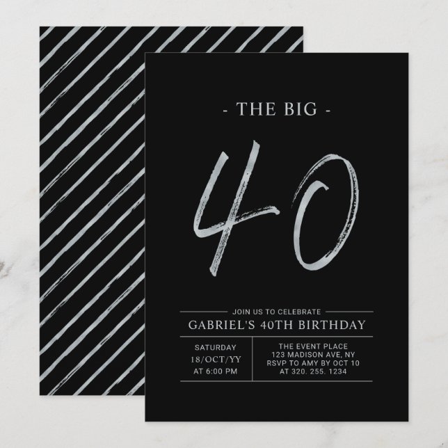Invitation Gros Quarante | Soirée 40ème anniversaire Argent & (Devant / Derrière)