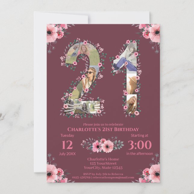 Invitation Grosse 21e anniversaire Photo Collage Rose Flower  (Devant)