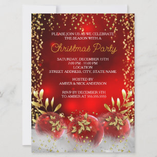 Invitation Grosse boule de Noël en or rouge pour fête de fin 
