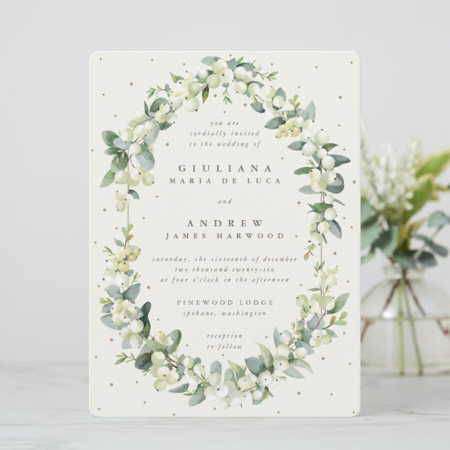 Invitation Grosse Crème Snowberry + Eucalyptus Mariage d'hive (Debout devant)