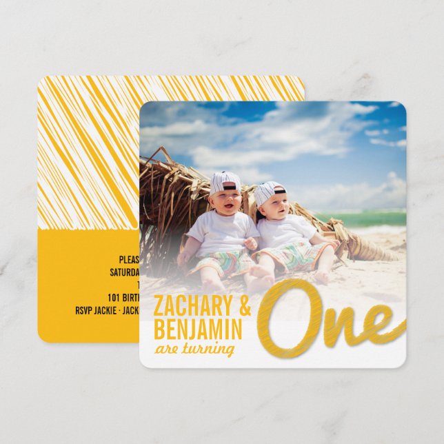 Invitation Grosse croquis jaune Un bébé jumeau 1er anniversai (Devant / Derrière)