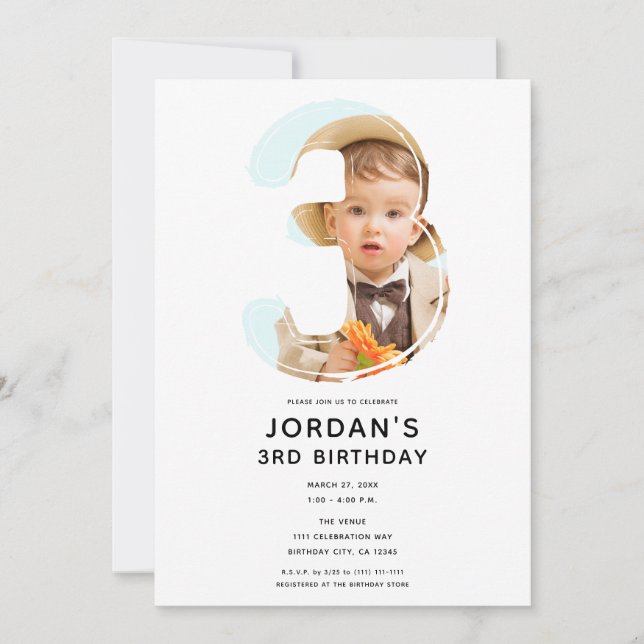 Invitation Grosse Numero 3 TROIS Photo Troisième 3e Fête d'an (Devant)