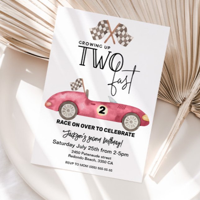 Invitation Grosse Up DEUX rapide Red Race voiture 2e annivers (Growing up TWO FAST birthday invitation, Red race car 2nd birthday)