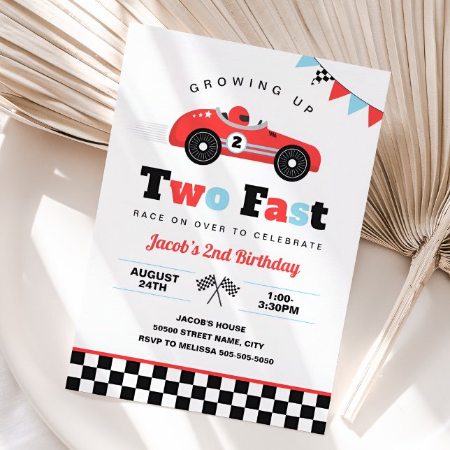 Invitation Grossing Up Two Fast Race Car 2e anniversaire (Two Fast Race Car Birthday Invitation)
