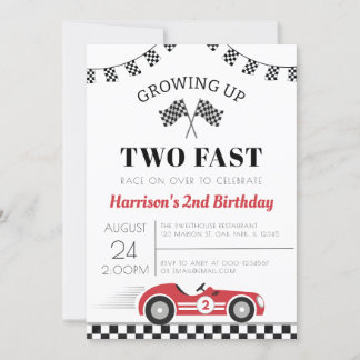 Invitation Grossing Up Two Fast Race Car Boy 2e anniversaire