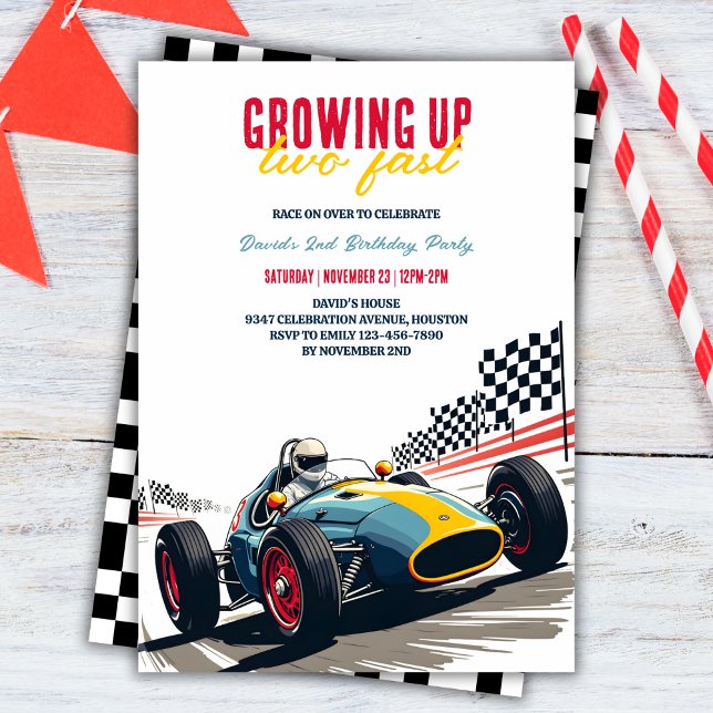 Invitation Grossing Up Two Fast Race Car Boy 2e anniversaire (Growing Up Two Fast Race Car Boy 2nd Birthday Invitation)