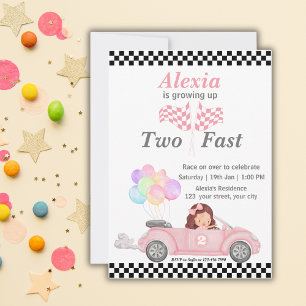 Invitation Grossissant deux Fast Pink Race Car Girl 2e annive