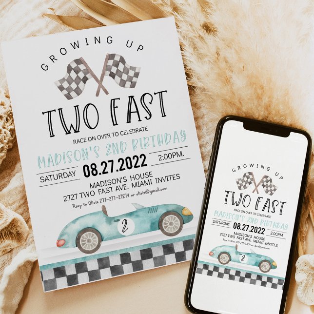 Invitation Grossissant Deux Rapides 2e Anniversaire (Blue race car “Growing Up Two Fast” 2nd birthday party invitation with checkered flag design, perfec)