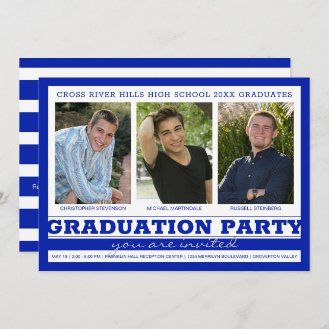 Invitation Group Graduation Party 3 Photos Royal Blue (Devant / Derrière)