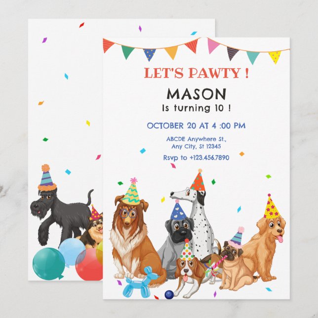 Invitation Groupe de chiens races fête anniversaire Invitatio (Devant / Derrière)