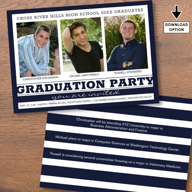 Invitation Groupe Graduation Party 3 Photos Marine Blue (Créateur téléchargé)