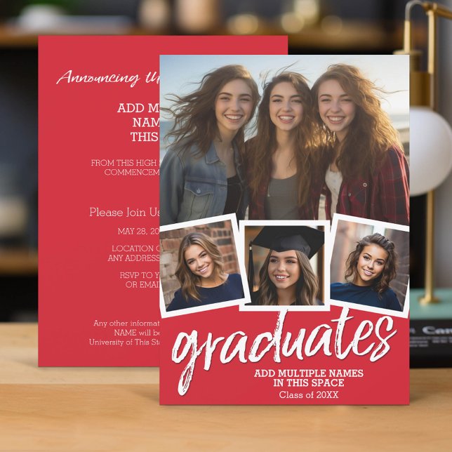 Invitation Groupe Graduation Party - 4 Photos Rouge (Group Graduation Invitation with 4 Photos and Party Information)