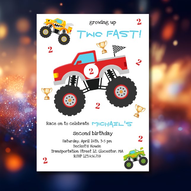 Invitation Growing up two fast monster trucks boy birthday (Créateur téléchargé)