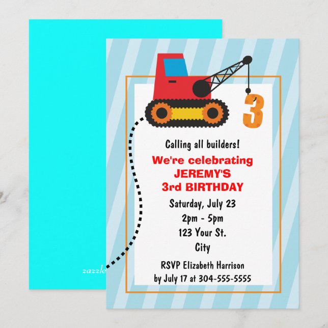 Invitation Grue de construction 3e anniversaire (Devant / Derrière)