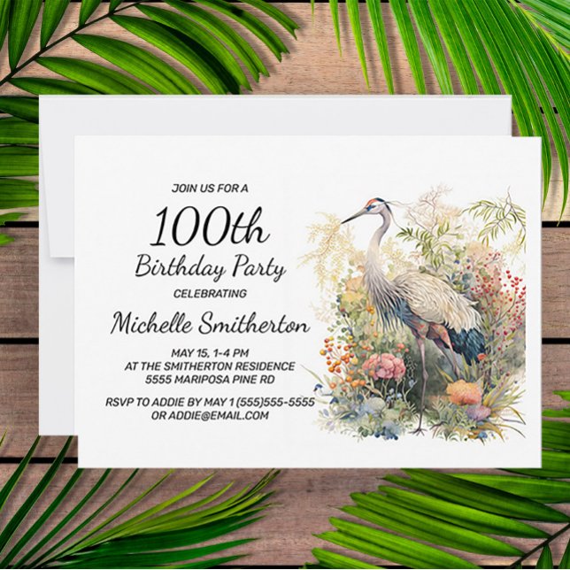 Invitation Grue Feuillage Floral 100e Anniversaire (Créateur téléchargé)