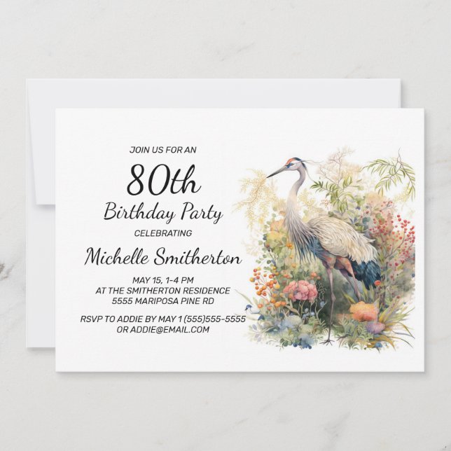 Invitation Grue Feuillage Floral 80e Anniversaire (Devant)
