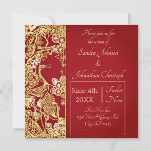 Invitation Grues d'or chinoises sur le Mariage rouge